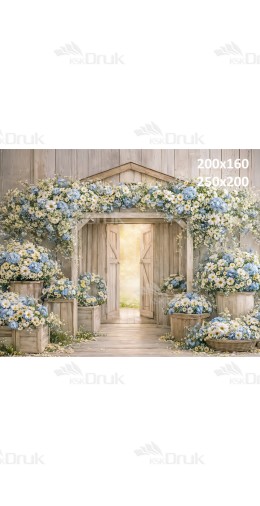 Tło fotograficzne „Rustykalna altana wśród błękitnych stokrotek” | E872